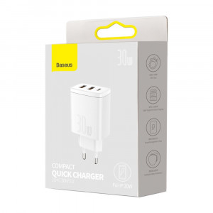 Зарядно за стена BASEUS 30W 3A 2x USB Type A / USB Type C PD QC (CCXJ-E02) бяло - Img 5