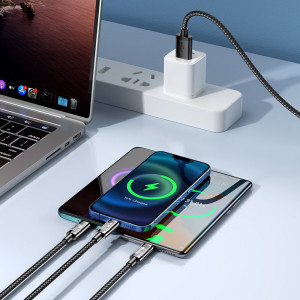 Кабел за зареждане и данни с оплетка JOYROOM 3in1 USB Type A към USB Type C / Lightning / micro USB 3.5A 1.2m черен (S-1T3015A5) - Img 11