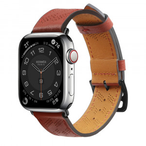 Каишка от естествена кожа Leather - Apple Watch Ultra 49mm / Ultra 2 49mm / 45mm Series 9 / 45mm Series 8 / 45mm Series 7 / 44mm SЕ (2nd gen) / 44mm SE / 44mm Series 6 / 44mm Series 5 / 44mm Series 4 / 42mm Series 3 / 42mm Series 2 червен - Img 1