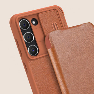 Калъф тип книга от еко кожа с подвижно покритие за камерата NILLKIN Qin Leather Pro - Samsung Galaxy S23+ кафяв - Img 14
