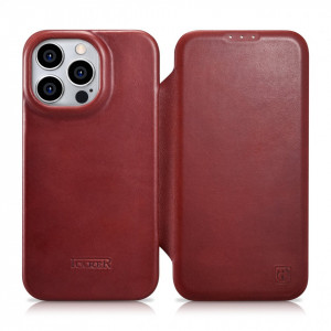 Калъф тип книга от естествена кожа iCARER CE Oil Wax Premium MagSafe - iPhone 14 Pro червен - Img 1