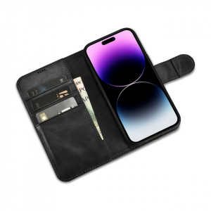 Калъф тип книга от естествена кожа iCARER Oil Wax Wallet 2в1 против кражба - iPhone 14 Pro черен - Img 8