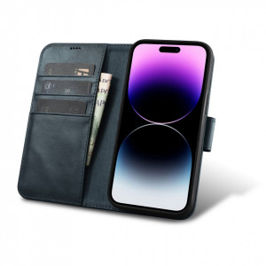 Калъф тип книга от естествена кожа iCARER Oil Wax Wallet 2в1 против кражба - iPhone 14 Pro син - Img 2