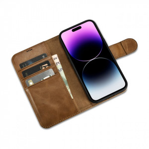 Калъф тип книга от естествена кожа iCARER Oil Wax Wallet 2в1 против кражба - iPhone 14 Pro кафяв - Img 9