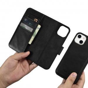Калъф тип книга от естествена кожа iCARER Oil Wax Wallet 2в1 против кражба - iPhone 14 Plus черен - Img 12