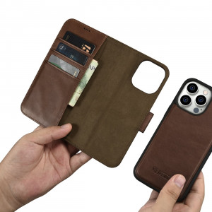 Калъф тип книга от естествена кожа iCARER Oil Wax Wallet 2в1 против кражба - iPhone 14 Pro Max кафяв - Img 12