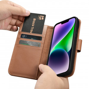 Калъф тип книга iCARER Wallet 2в1 против кражба - iPhone 14 Plus Cover кафяв - Img 15