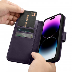 Калъф тип книга iCARER Wallet 2в1 против кражба - iPhone 14 Pro Cover тъмнолилав - Img 16