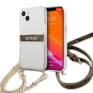 Оригинален гръб GUESS 4G Brown Strap Gold Chain GUHCP13SKC4GBGO - iPhone 13 mini прозрачен / кафяв