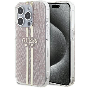 Оригинален гръб GUESS IML 4G Gold Stripe - iPhone 15 Pro розов - Img 1