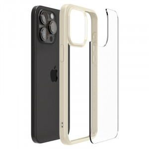 Оригинален прозрачен гръб с цветна рамка SPIGEN Crystal Hybrid - iPhone 15 Pro Max бежов - Img 13