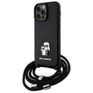 Оригинален твърд гръб с презрамка KARL LAGERFELD Saffiano Metal Pin Karl & Choupette KLHCP14XSAKCPSK case - iPhone 14 Pro Max черен Crossbody Saffiano Metal Pin Karl & Choupette - Img 1