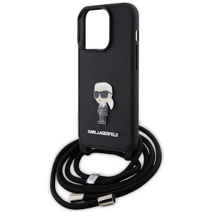 Оригинален твърд гръб с презрамка KARL LAGERFELD Saffiano Monogram Metal Pin Karl & Choupette - iPhone 15 Pro черен - Img 5