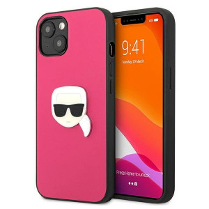 Оригинален твърд гръб KARL LAGERFELD Leather Ikonik Karl's Head Metal KLHCP13SPKMP - iPhone 13 mini розов - Img 1