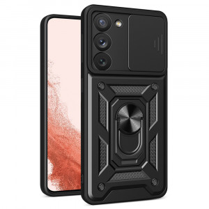 Подсилен гръб Hybrid Armor Camshield с подвижно покритие за камерата и стойка - Samsung Galaxy S23+ черен - Img 1
