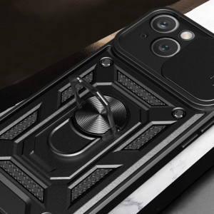 Подсилен гръб Hybrid Armor Camshield с подвижно покритие за камерата и стойка - iPhone 15 Plus черен - Img 5