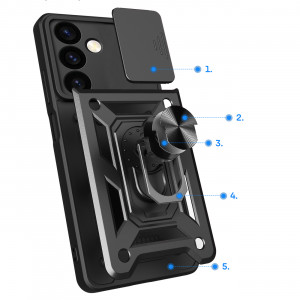 Подсилен гръб Hybrid Armor Camshield с подвижно покритие за камерата и стойка - Samsung Galaxy S24 черен - Img 3