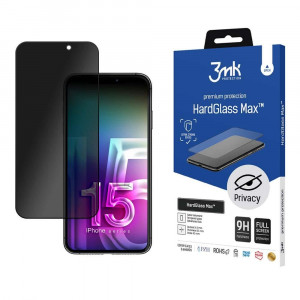 Стъклен протектор с пълно покритие и филтър за поверителност 3mk Hard Glass Max Privacy - iPhone 15 с черна рамка