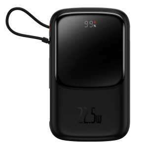 Външна батерия BASEUS Qpow Digital дисплей 10000mAh 22.5W с бързо зареждане / PD / SCP / FCP с вграден USB-C кабел черна - Img 1