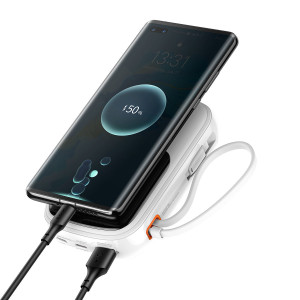 Външна батерия BASEUS Qpow Digital дисплей c бързо зареждане 20000mAh 22.5W с бързо зареждане / PD / SCP / FCP с вграден USB-C кабел бяла - Img 2