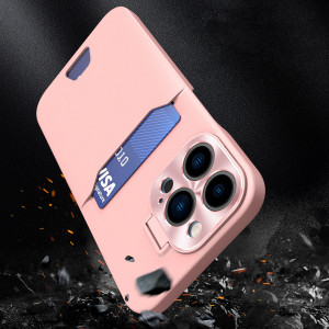 Гръб със стойка и джоб за карти Leather Stand - iPhone 14 Plus розов - Img 3