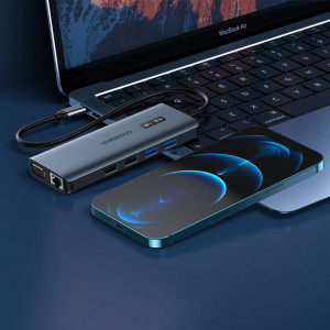 Докинг станция с дисплей CHOETECH 12в1 USB Type C към USB Type C / USB Type A / HDMI / VGA / мини жак 3.5mm / четец за SD и Micro SD карти (HUB-M26) сива - Img 4