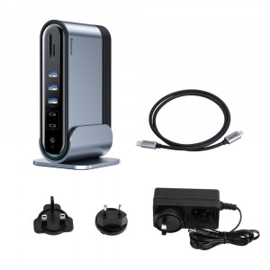 Докинг станция BASEUS 3x USB Type A 3.2 Gen.1 / 2x USB Type A 2.0 / 2x USB Type C / четец за SD и Micro SD карти / мини жак 3.5mm / 3x HDMI / RJ45 1Gbps / USB Tyype C Power Delivery 100W (EU / CN / UK стандарт) (CAHUB-DG0G) сива - Img 7