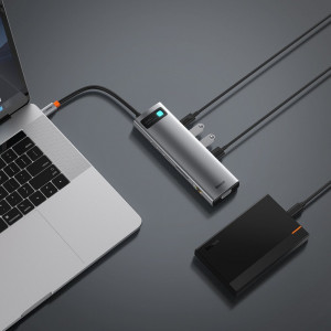 Докинг станция BASEUS Metal Gleam 11в1 USB Type C към 3x USB Type A 3.2 Gen.1 5Gbps / USB Type C Power Delivery 100W / мини жак 3.5mm / VGA Full HD 60Hz / 2x HDMI 4K 30Hz / четец за SD и Micro SD карти / RJ45 1Gbps (CAHUB-CT0G) сива - Img 9