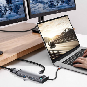 Докинг станция BASEUS Metal Gleam 9в1 USB Type C към 3x USB Type A 3.2 Gen.1 5Gbps / USB Type C Power Delivery 100W / VGA Full HD 60Hz / HDMI 4K 30Hz / четец за SD и Micro SD карти / RJ45 1Gbps (CAHUB-CU0G) сива - Img 14