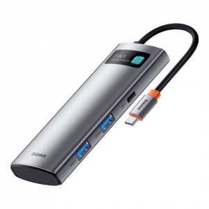 Докинг станция BASEUS Metal Gleam Series 7в1 USB Type C към USB Type C / 2x USB Type A 3.0 / USB Type C Power Delivery / HDMI / четец за SD и Micro SD карти (WKWG020113) сива - Img 1