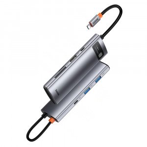 Докинг станция BASEUS Metal Gleam Series 7в1 USB Type C към USB Type C / 2x USB Type A 3.0 / USB Type C Power Delivery / HDMI / четец за SD и Micro SD карти (WKWG020113) сива - Img 13