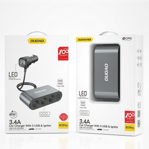 Зарядно за кола DUDAO 60W 2x USB Type A / 3x вход за запалка с кабел и LED дисплей (R1Pro) черно - Img 5