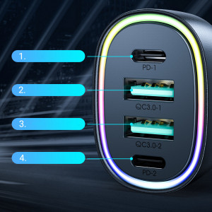 Зарядно за кола JOYROOM 70W 2x USB Type A / 2x USB Type C с осветление (JR-CL29) черно - Img 5