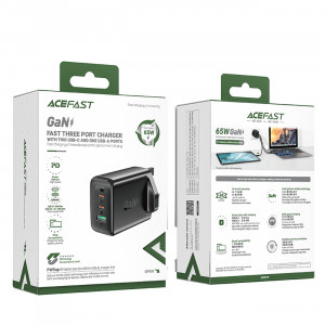 Зарядно за стена (UK стандарт) ACEFAST GaN 65W USB Type A / 2x USB Type C PD (A44) черно - Img 5