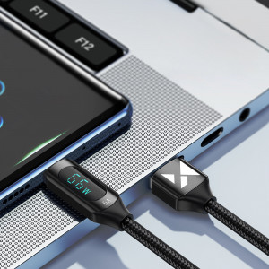 Кабел за зареждане и данни с дисплей и оплетка WOZINSKY WUACC2 USB A към USB Type C66W 6A 2m черен - Img 5