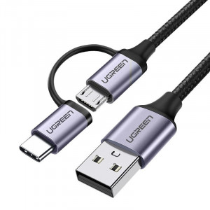 Кабел за зареждане и данни с оплетка UGREEN 2in1 USB Type A към USB Type C / micro USB 2.4A 1m (30875) черен - Img 1