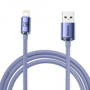 Кабел за зареждане и данни BASEUS Crystal Shine USB Type A към Lightning с бързо зареждане 2.4A 2m лилав (CAJY000105) - Img 1
