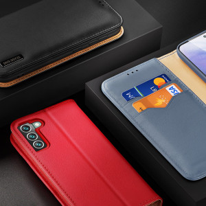 Калъф тип книга от естествена кожа DUX DUCIS Hivo със система против кражба - Samsung Galaxy S22+ син - Img 16