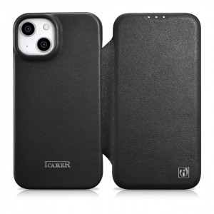 Калъф тип книга от естествена кожа iCARER CE Oil Wax Premium MagSafe - iPhone 14 Plus черен - Img 1