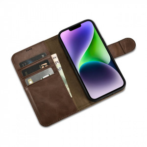 Калъф тип книга от естествена кожа iCARER Oil Wax Wallet 2в1 против кражба - iPhone 14 кафяв - Img 8