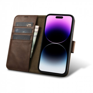Калъф тип книга от естествена кожа iCARER Oil Wax Wallet 2в1 против кражба - iPhone 14 Pro Max кафяв - Img 2