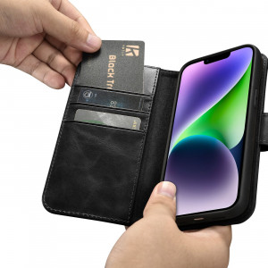 Калъф тип книга от естествена кожа iCARER Oil Wax Wallet 2в1 против кражба - iPhone 14 Plus черен - Img 13