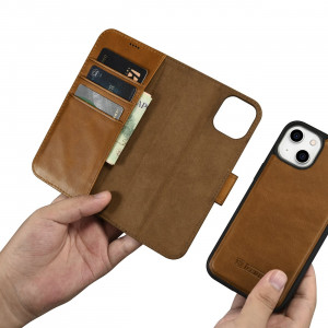 Калъф тип книга от естествена кожа iCARER Oil Wax Wallet 2в1 против кражба - iPhone 14 Plus кафяв - Img 11