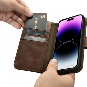 Калъф тип книга от естествена кожа iCARER Oil Wax Wallet 2в1 против кражба - iPhone 14 Pro Max кафяв - Img 13