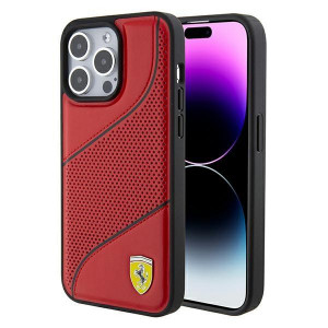 Оригинален гръб FERRARI Perforated Waves Metal Logo - iPhone 15 Pro Max червен - Img 1