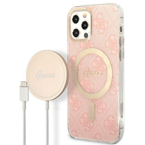 Оригинален комплект GUESS 4G Print (гръб + зарядно) MagSafe GUBPP12MH4EACSP - iPhone 12 / 12 Pro розов - Img 1