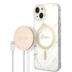 Оригинален комплект GUESS Marble (гръб + зарядно) MagSafe GUBPP14MHMEACSH - iPhone 14 Plus бял - Img 1