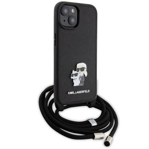 Оригинален твърд гръб с презрамка KARL LAGERFELD Saffiano Metal Pin Karl & Choupette - iPhone 15 черен - Img 3