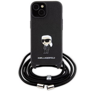Оригинален твърд гръб с презрамка KARL LAGERFELD Saffiano Monogram Metal Pin Karl & Choupette - iPhone 15 черен - Img 2