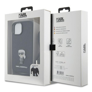 Оригинален твърд гръб с презрамка KARL LAGERFELD Saffiano Monogram Metal Pin Karl & Choupette - iPhone 15 черен - Img 7